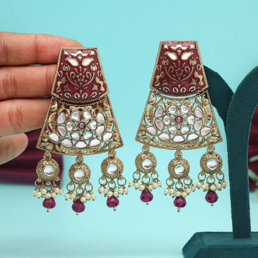 Magenta Color Meena Work Kundan Earrings (KDE1022MNT)