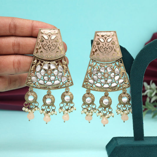Peach Color Meena Work Kundan Earrings (KDE1022PCH)