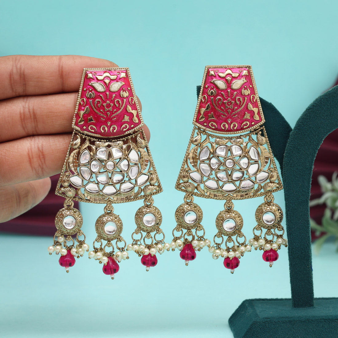 Rani Color Meena Work Kundan Earrings (KDE1022RNI)