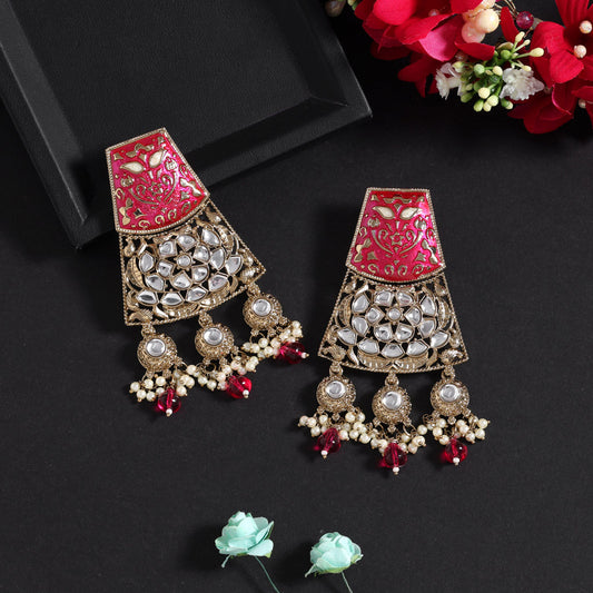 Rani Color Meena Work Kundan Earrings (KDE1022RNI)