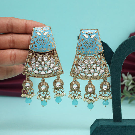 Sky Blue Color Meena Work Kundan Earrings (KDE1022SBLU)