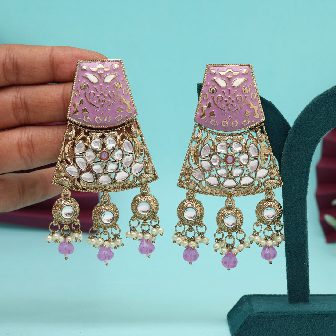 Light Violet Color Meena Work Kundan Earrings (KDE1022VLT)