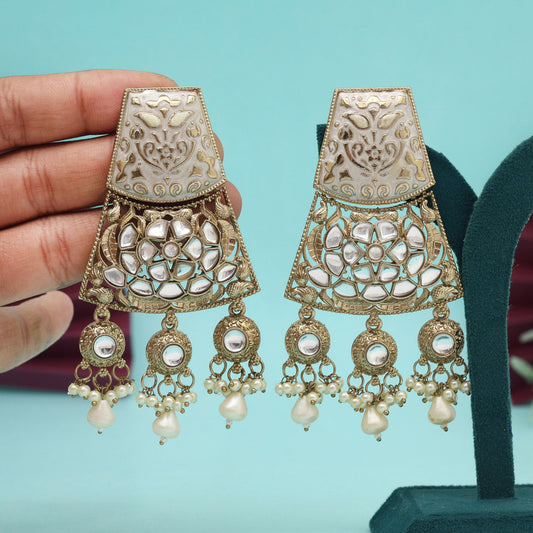White Color Meena Work Kundan Earrings (KDE1022WHT)