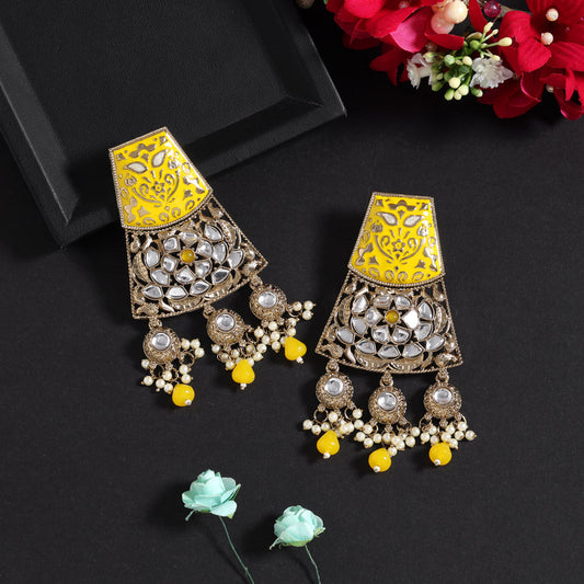 Yellow Color Meena Work Kundan Earrings (KDE1022YLW)