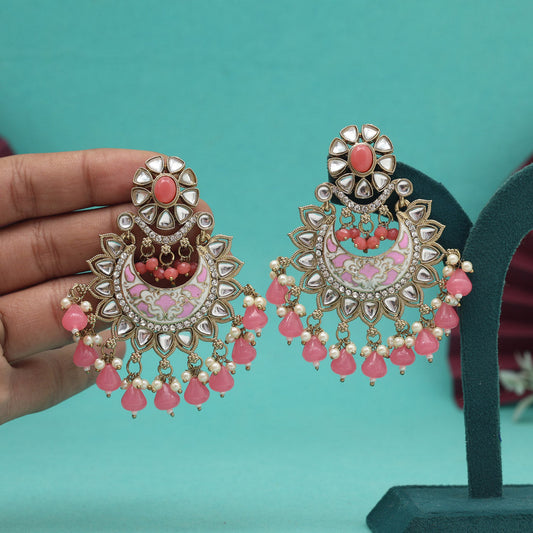 Dark Peach Color Meena Work Kundan Earrings (KDE1023DPCH)
