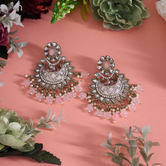 Pink Color Meena Work Kundan Earrings (KDE1023PNK)