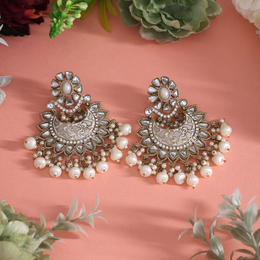 White Color Meena Work Kundan Earrings (KDE1023WHT)