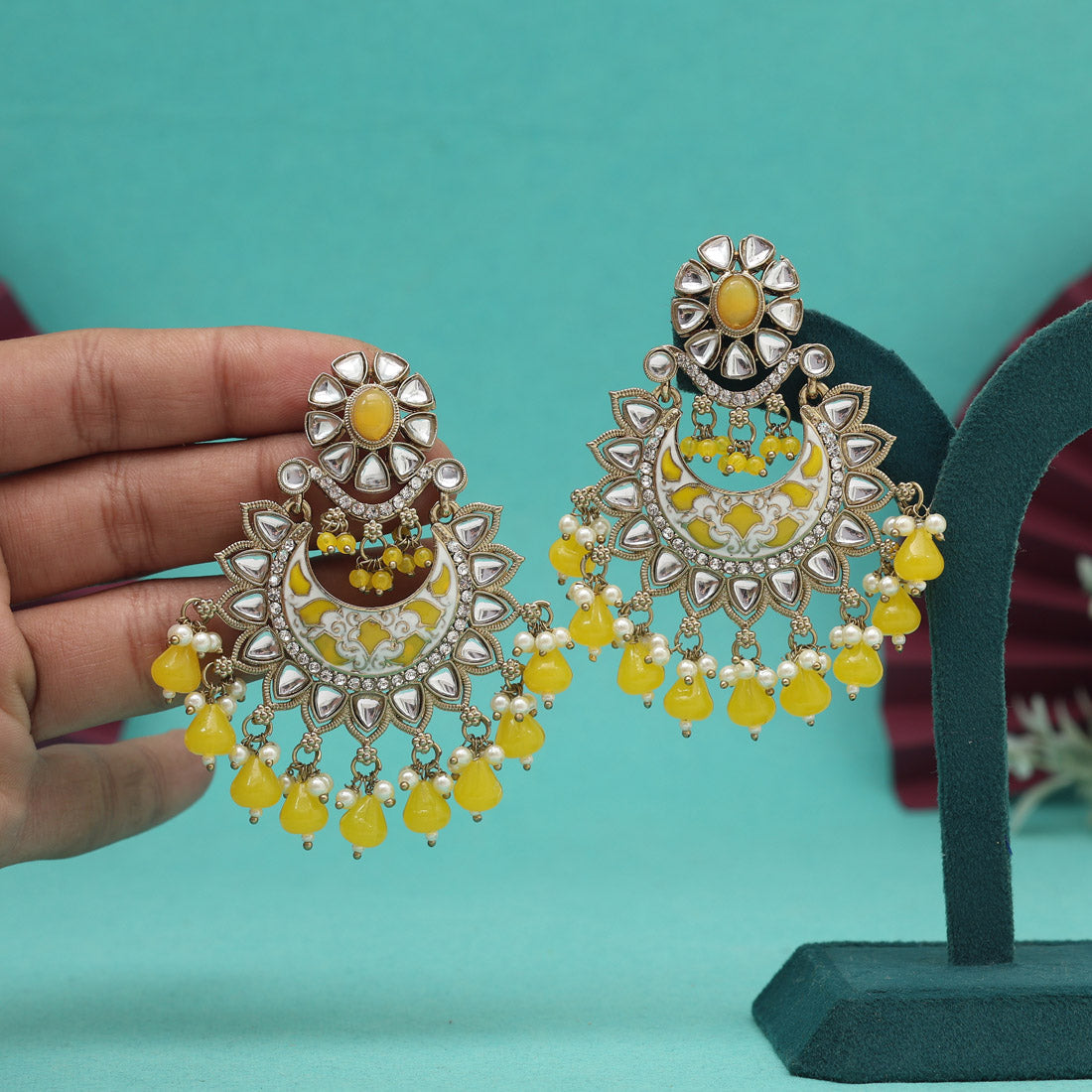 Yellow Color Meena Work Kundan Earrings (KDE1023YLW)