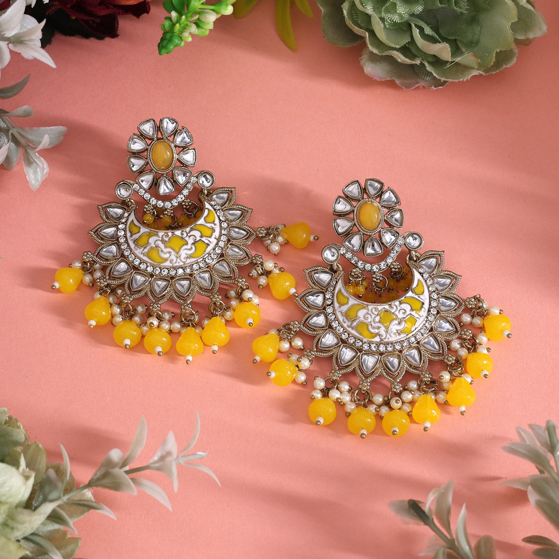 Yellow Color Meena Work Kundan Earrings (KDE1023YLW)