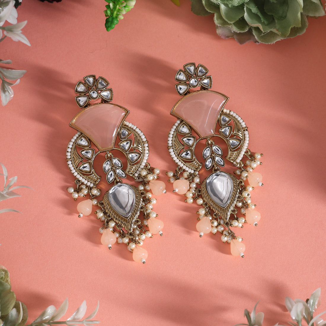 Peach Color Kundan Earrings (KDE1024PCH)