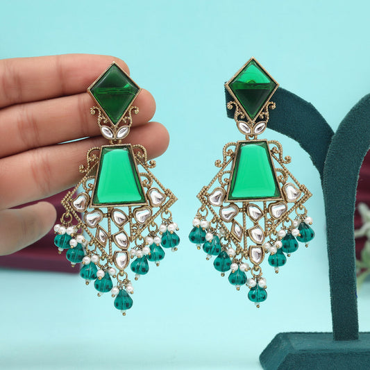 Green Color Kundan Earrings (KDE1025GRN)