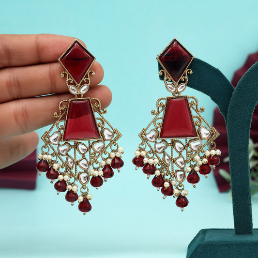 Maroon Color Kundan Earrings (KDE1025MRN)