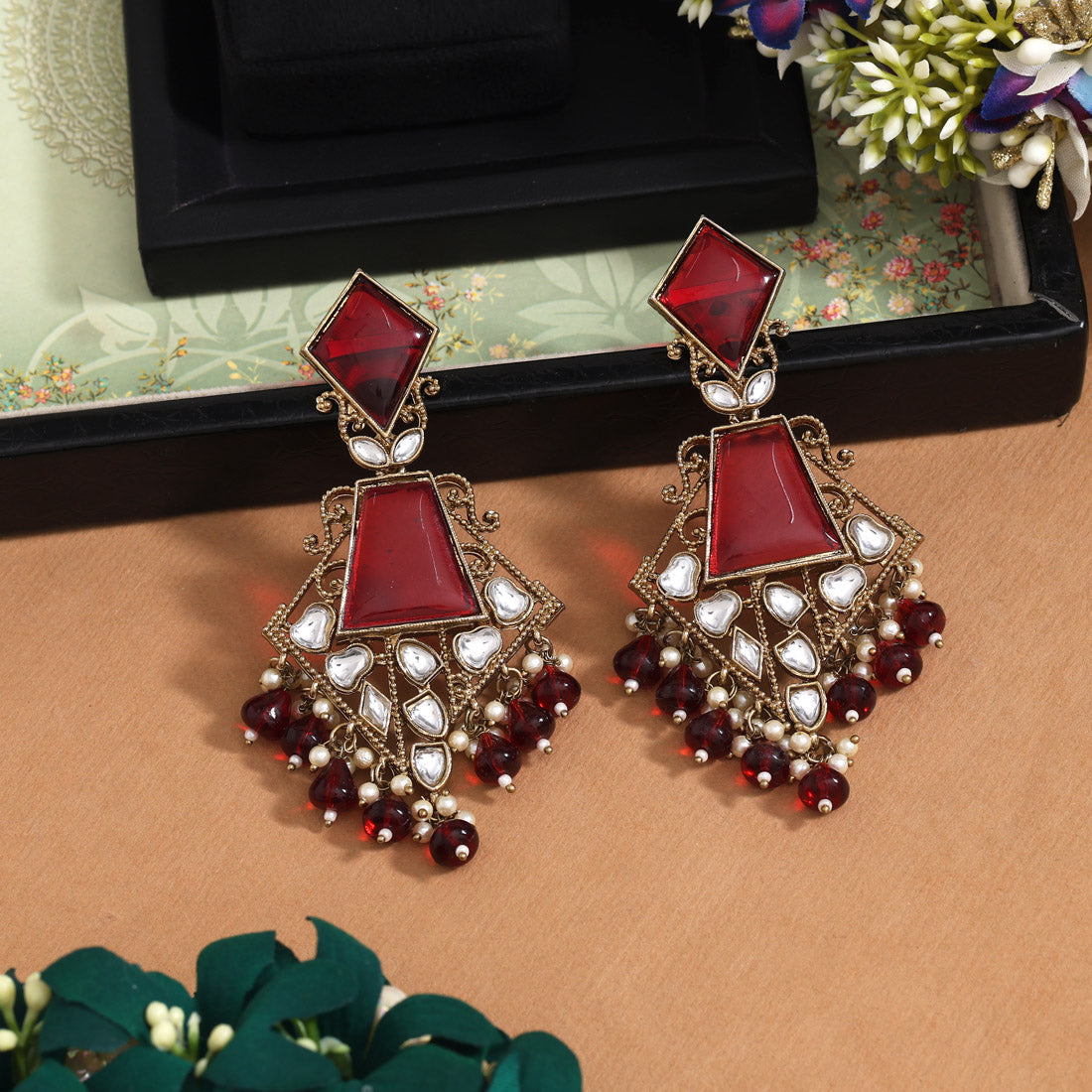 Maroon Color Kundan Earrings (KDE1025MRN)