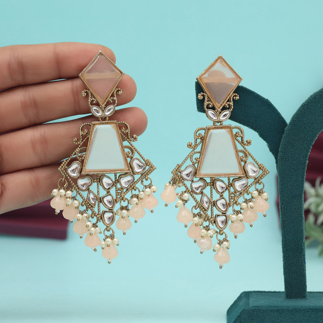 Peach Color Kundan Earrings (KDE1025PCH)