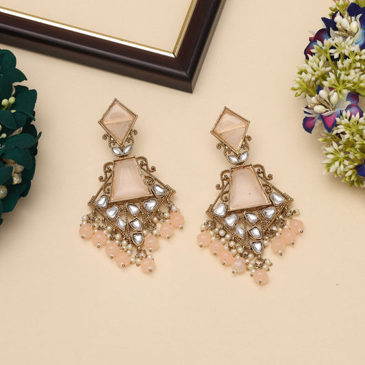 Peach Color Kundan Earrings (KDE1025PCH)