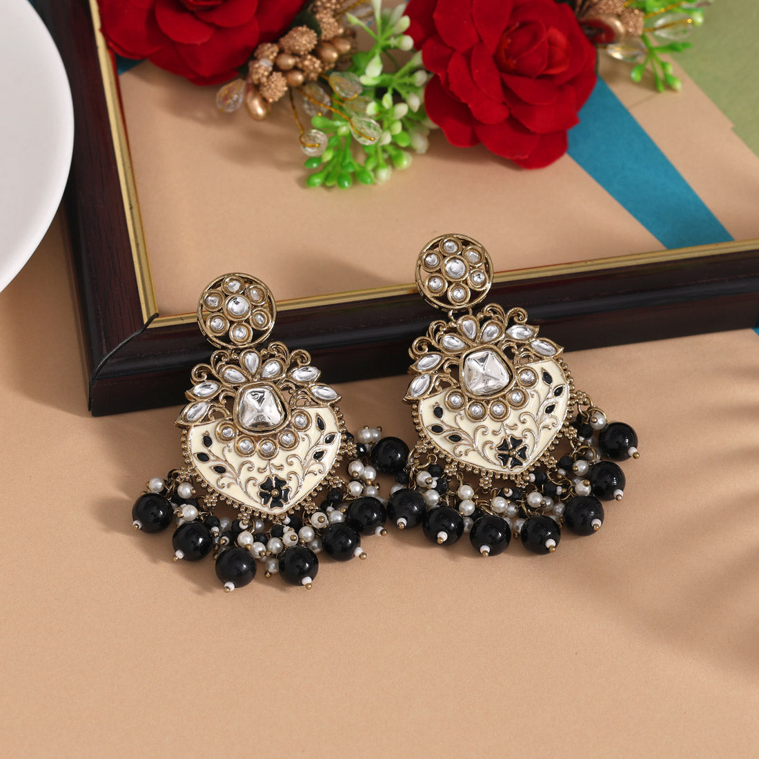 Black Color Meena Work Kundan Earrings (KDE1027BLK)