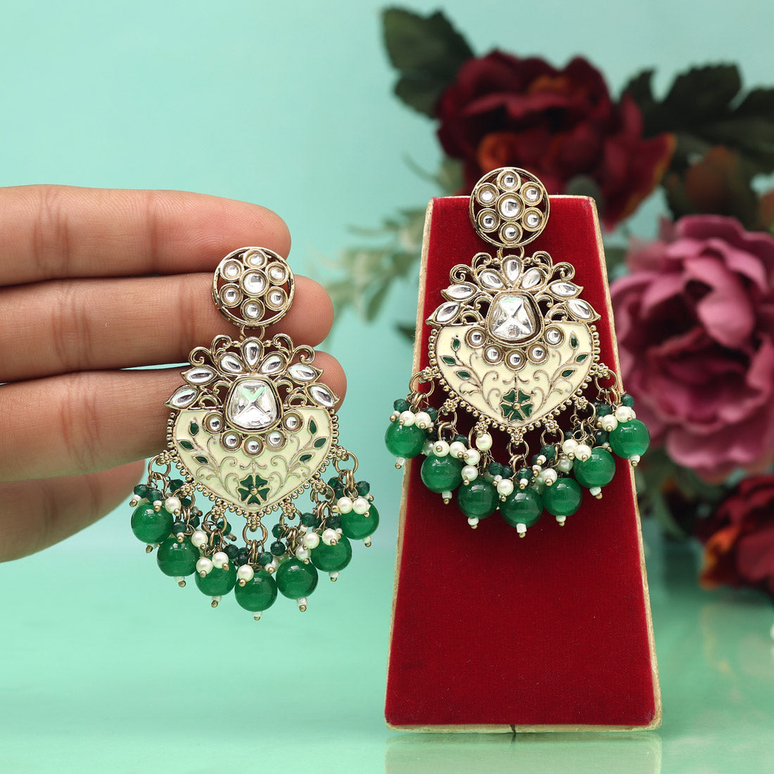 Green Color Meena Work Kundan Earrings (KDE1027GRN)