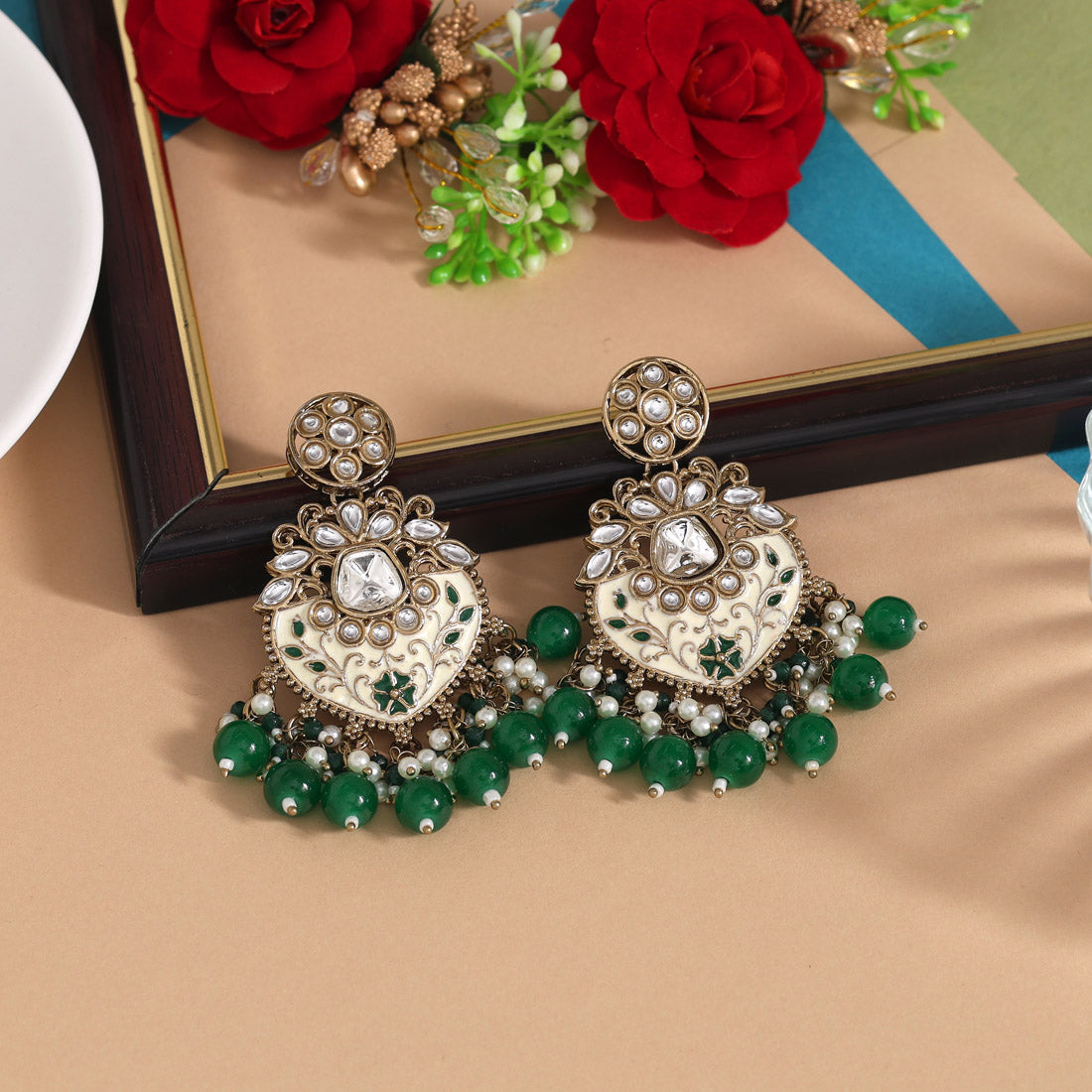 Green Color Meena Work Kundan Earrings (KDE1027GRN)