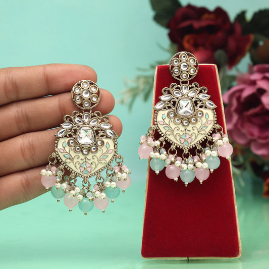 Pink & Sky Blue Color Meena Work Kundan Earrings (KDE1027PNKSBLU)