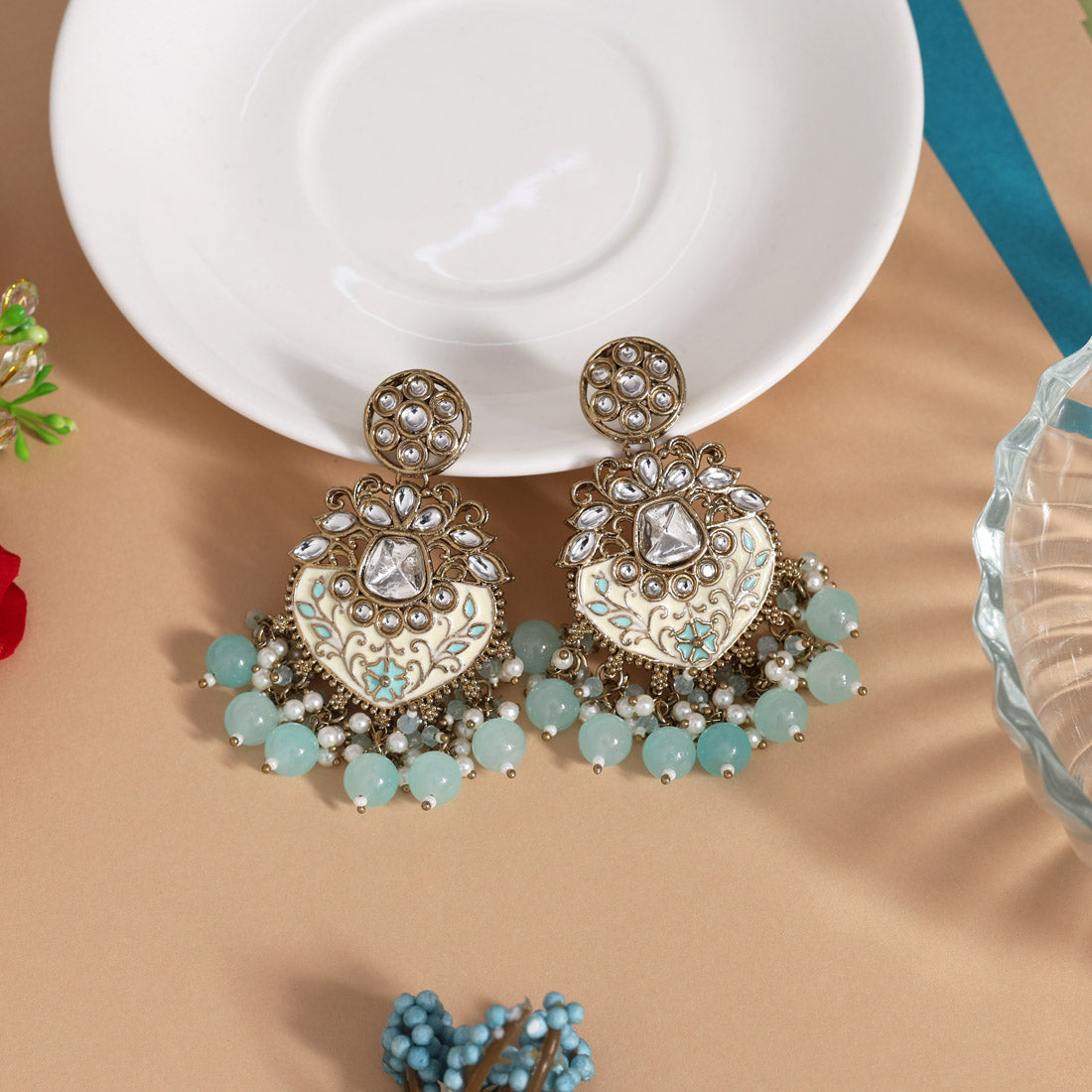 Sky Blue Color Meena Work Kundan Earrings (KDE1027SBLU)