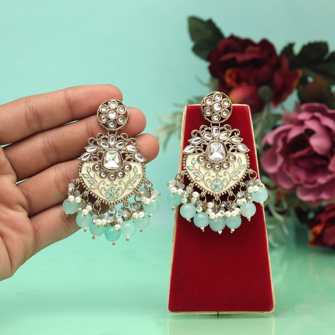 Sky Blue Color Meena Work Kundan Earrings (KDE1027SBLU)