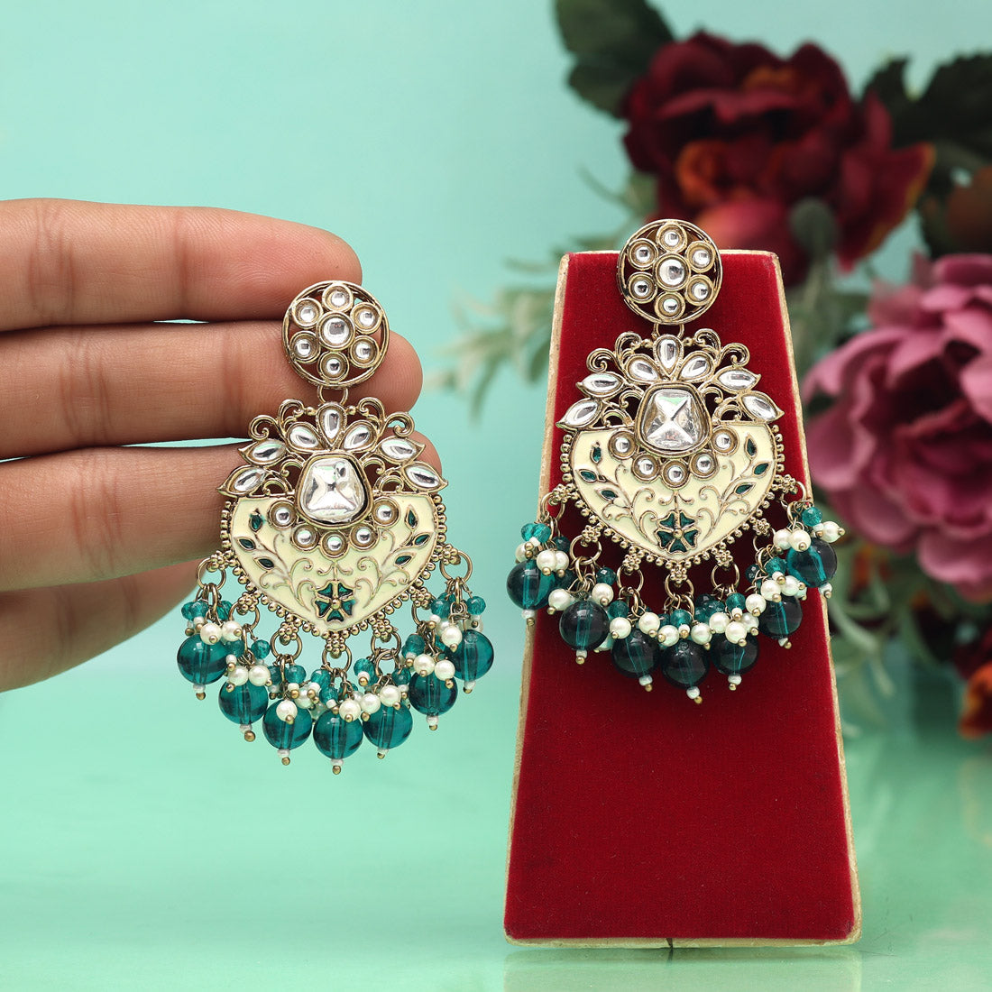 Turquoise Blue Color Meena Work Kundan Earrings (KDE1027TBLU)