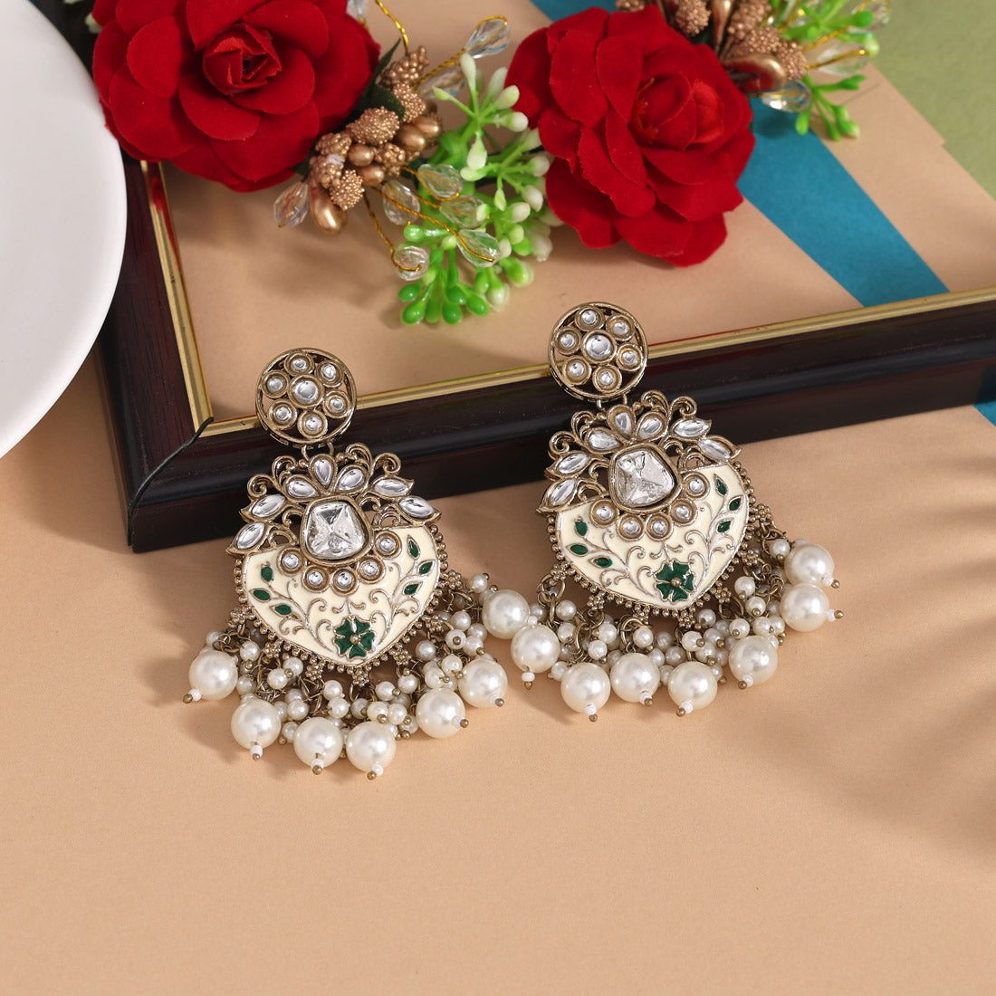 White Color Meena Work Kundan Earrings (KDE1027WHT)