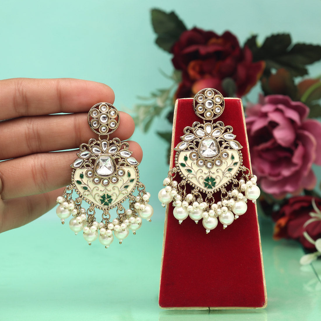 White Color Meena Work Kundan Earrings (KDE1027WHT)