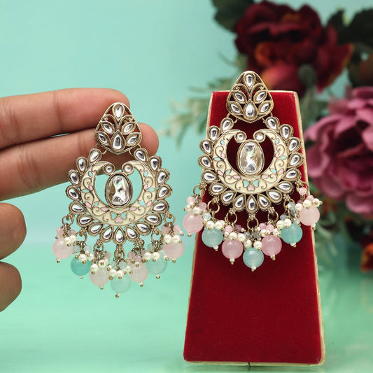 Pink & Sky Blue Color Meena Work Kundan Earrings (KDE1028PNKSBLU)