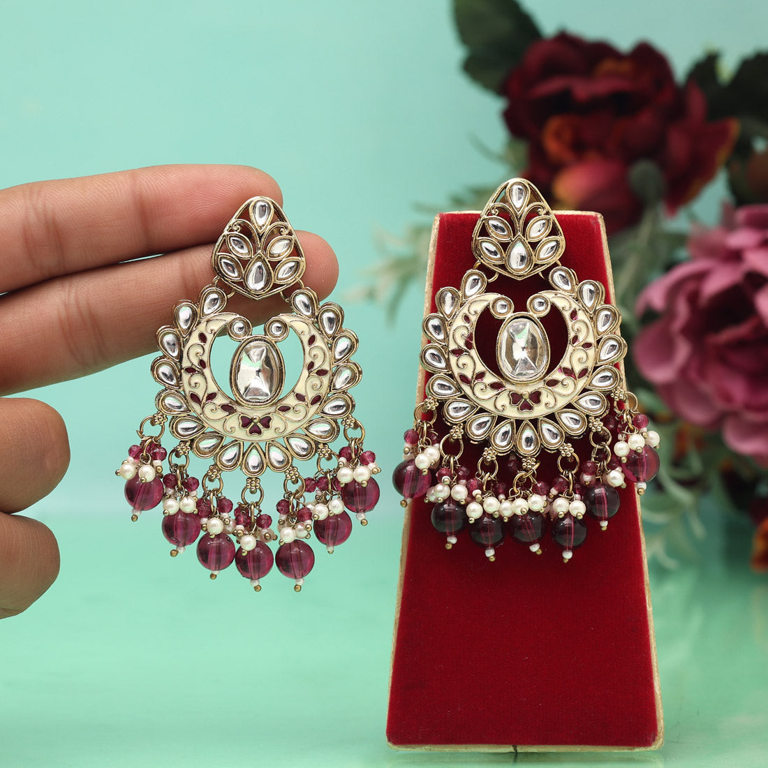 Purple Color Meena Work Kundan Earrings (KDE1028PRP)