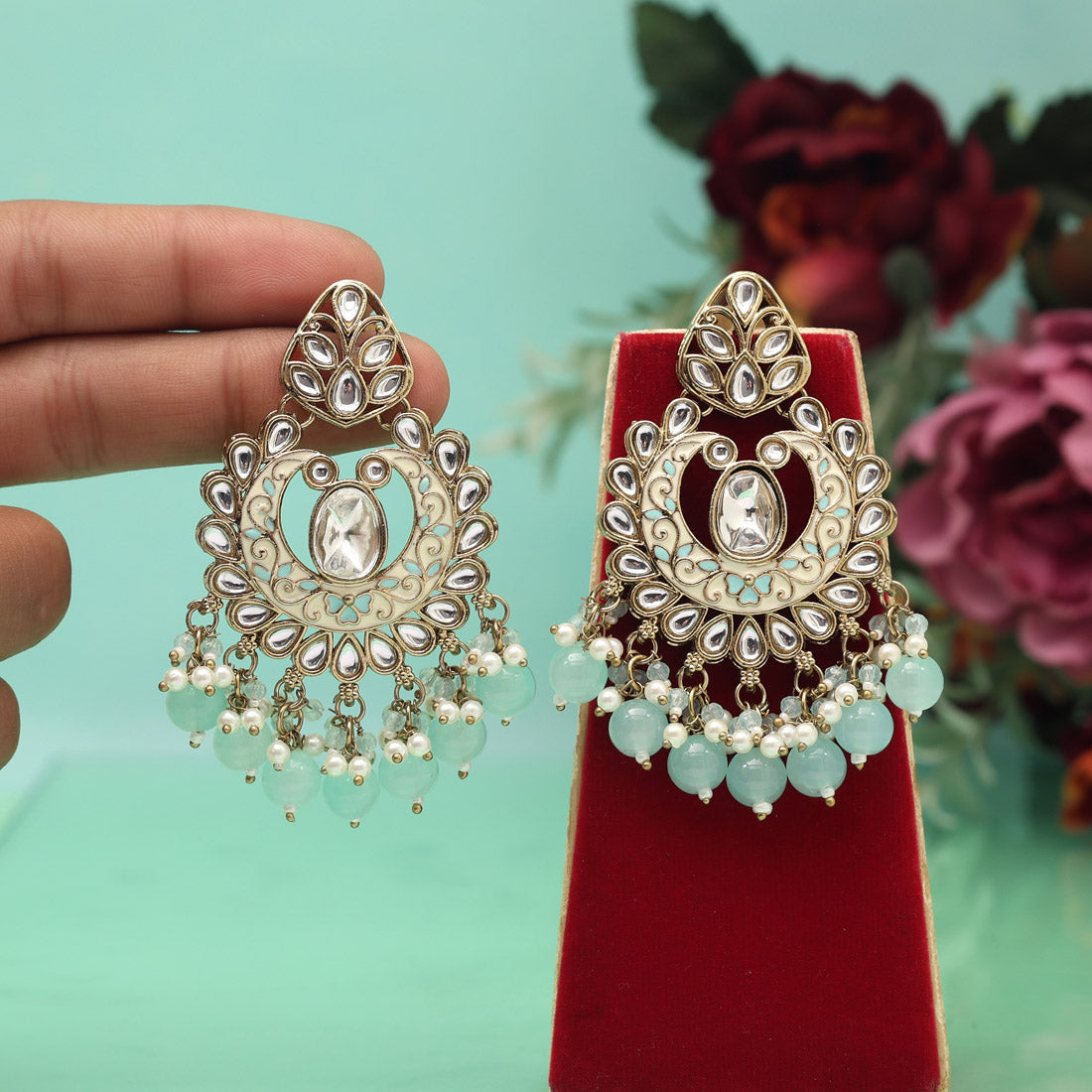 Sky Blue Color Meena Work Kundan Earrings (KDE1028SBLU)