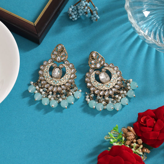 Sky Blue Color Meena Work Kundan Earrings (KDE1028SBLU)