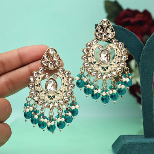 Turquoise Blue Color Meena Work Kundan Earrings (KDE1028TBLU)