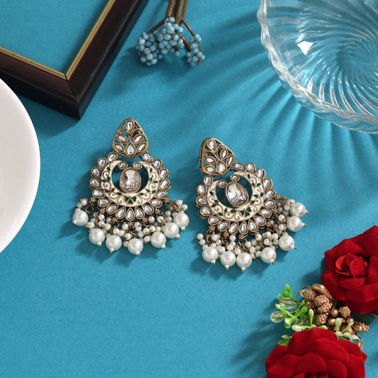 White Color Meena Work Kundan Earrings (KDE1028WHT)