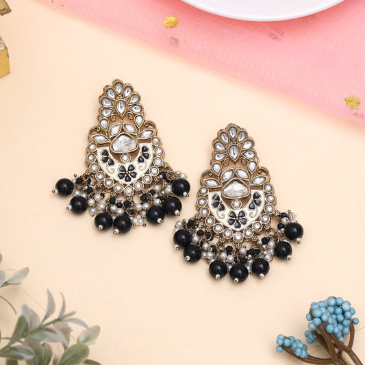 Black Color Meena Work Kundan Earrings (KDE1029BLK)