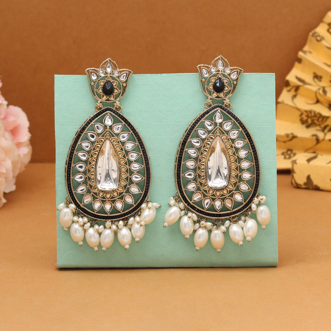 Black Color Kundan Earrings (KDE1033BLK)