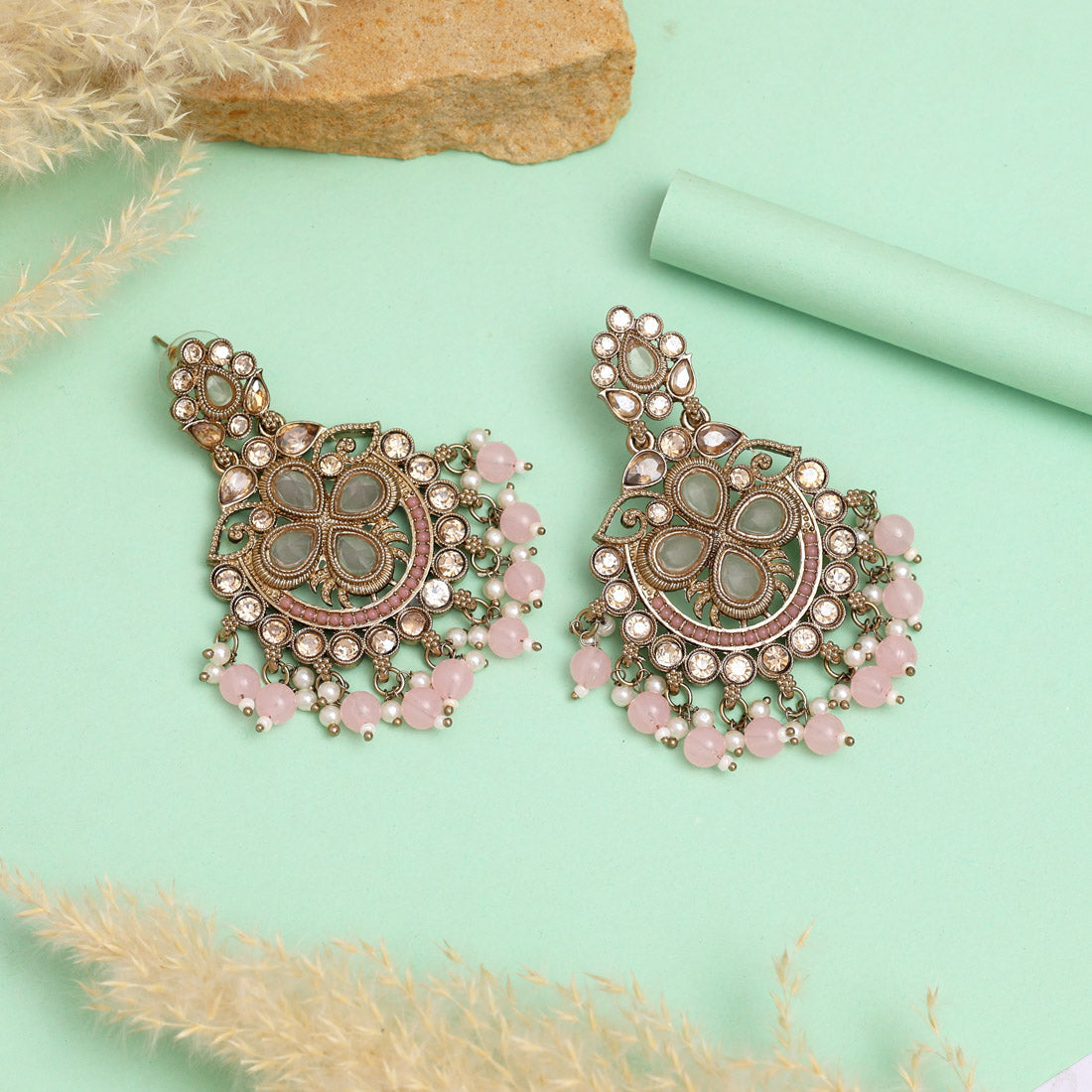 Baby Pink Color Kundan Earrings (KDE1034BPNK)