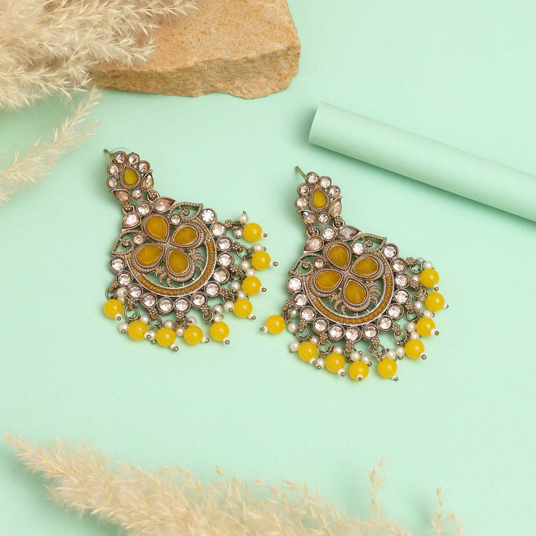 Yellow Color Kundan Earrings