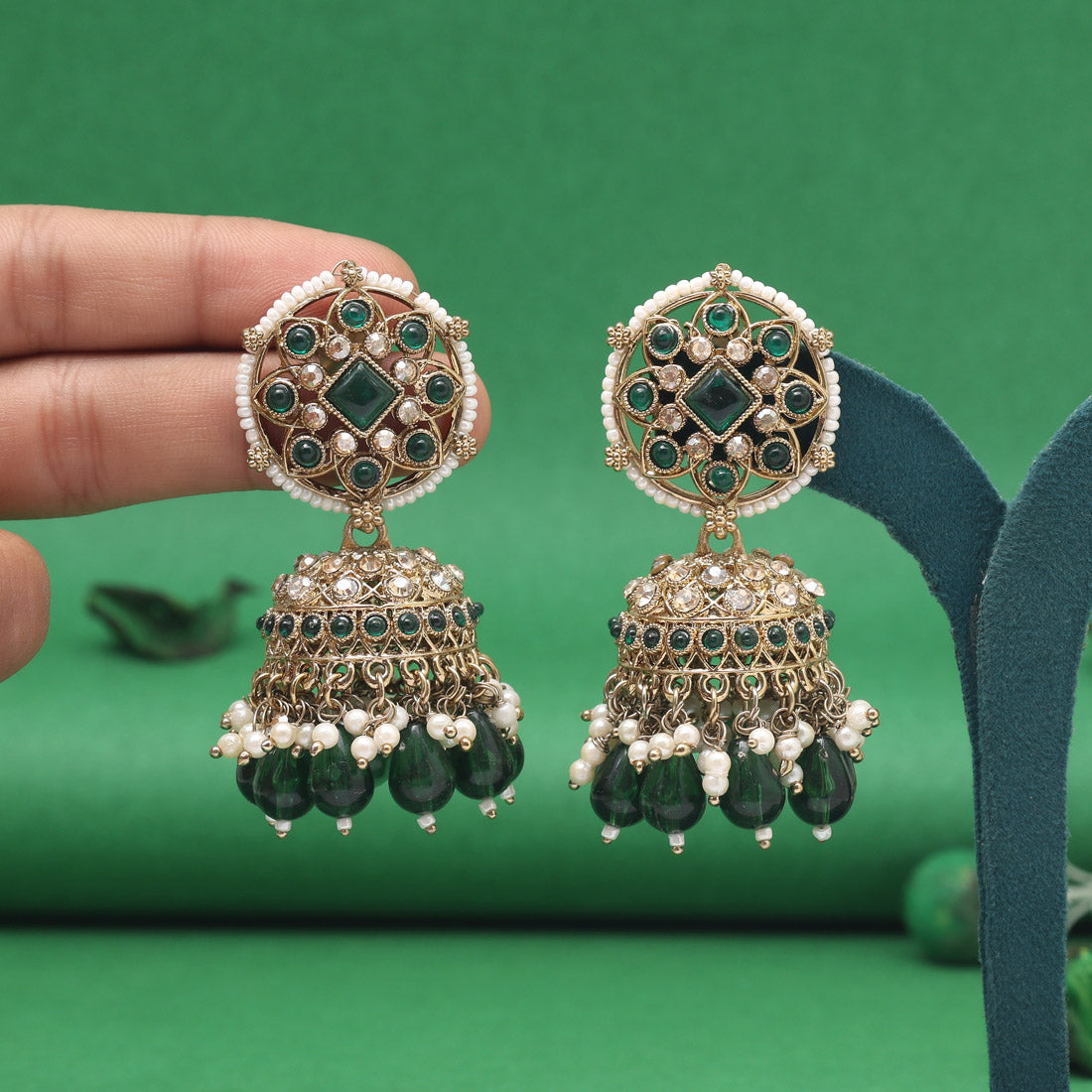 Green Color Kundan Earrings