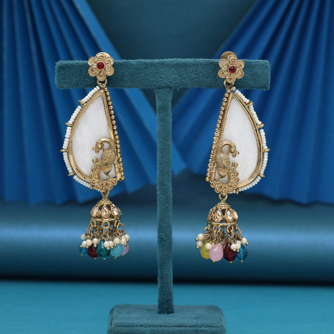 Multi Color Mother Of Pearl Kundan Earrings