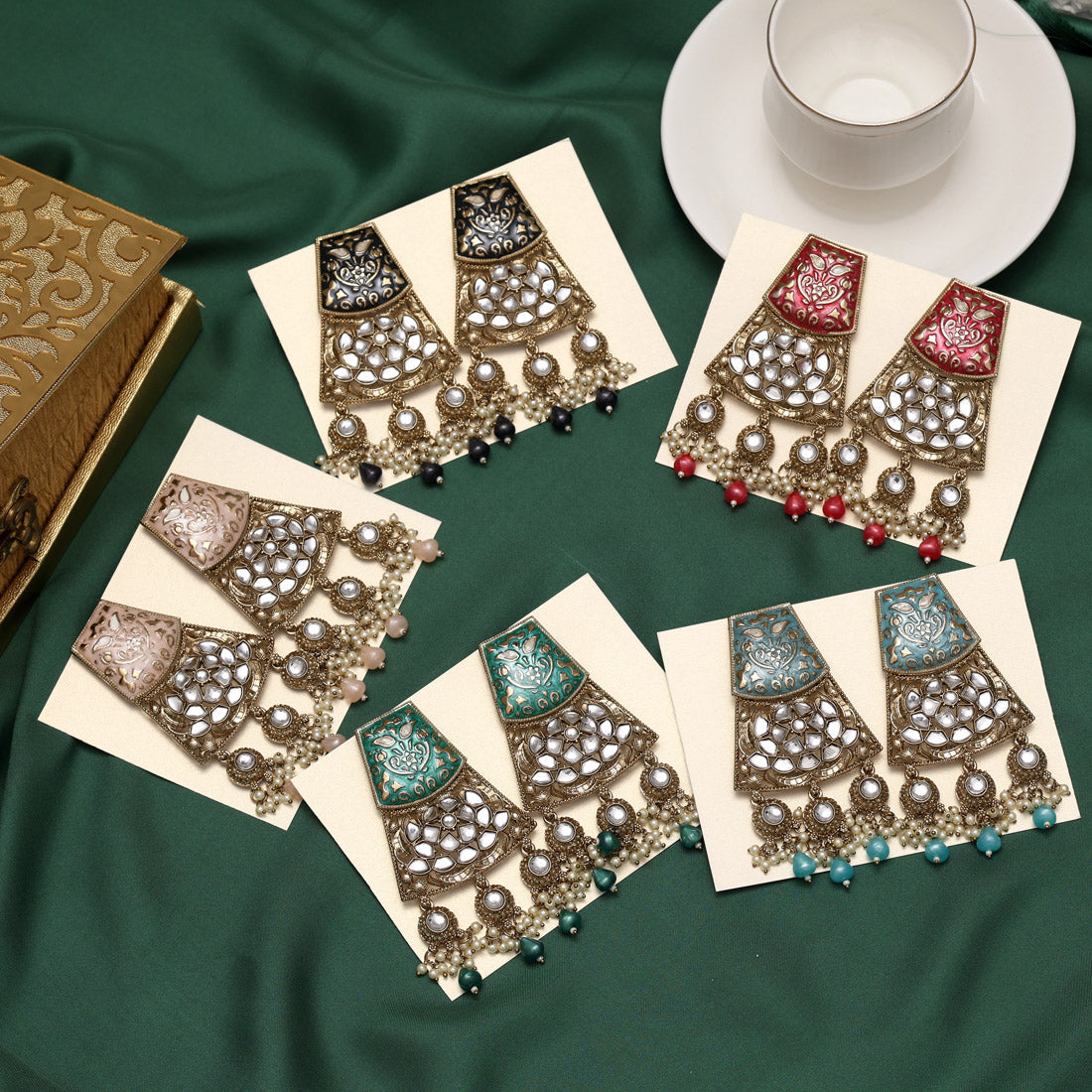 Assorted Color 5 Pairs Meena Work Kundan Earrings Combo (KDE126CMB)