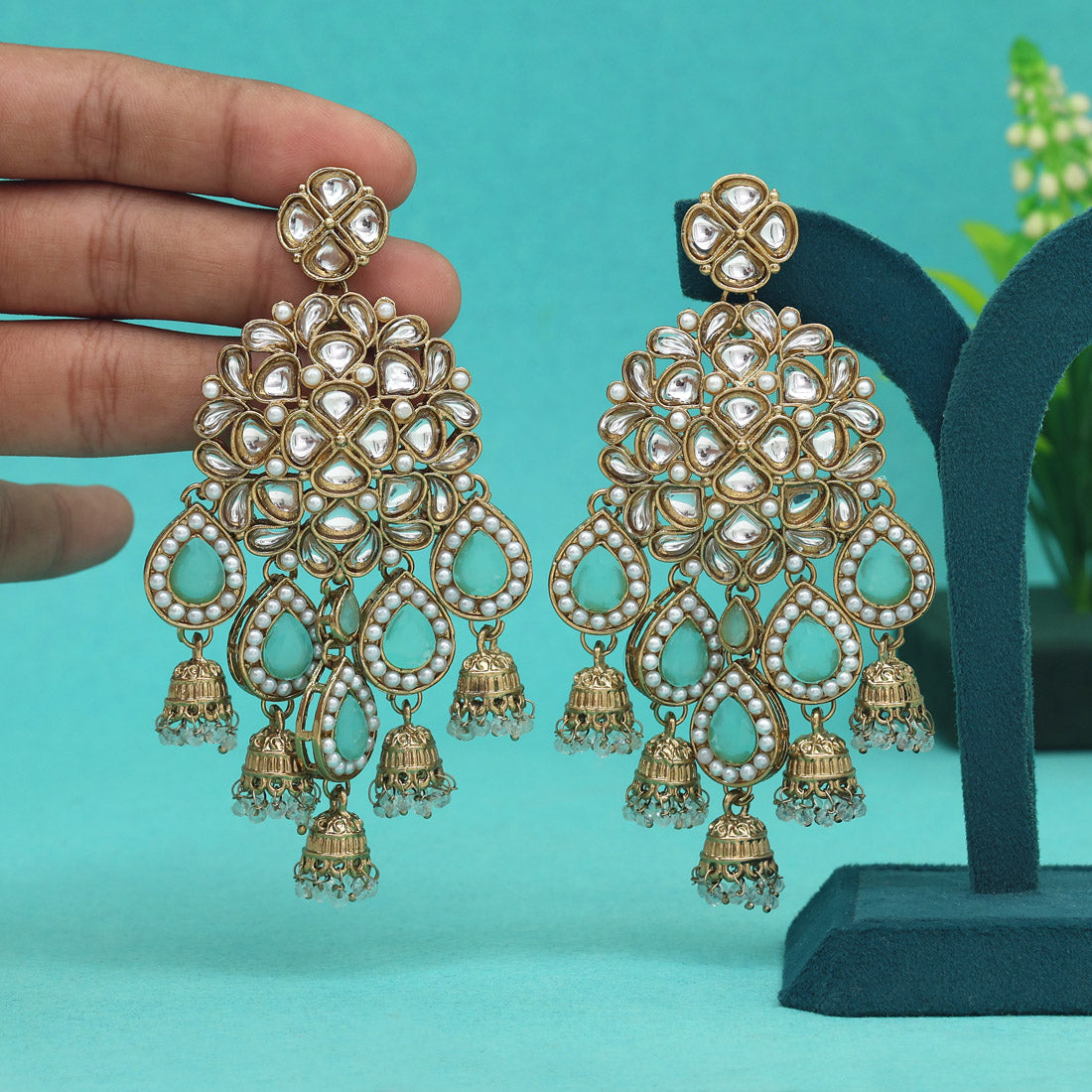 Pista Green Color Kundan Earrings (KDE959PGRN)