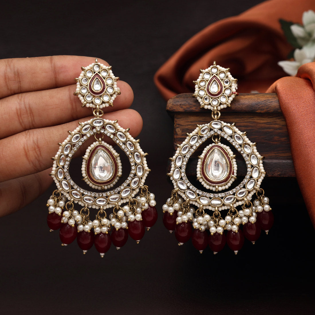 Maroon Color Kundan Earrings (KDE964MRN)