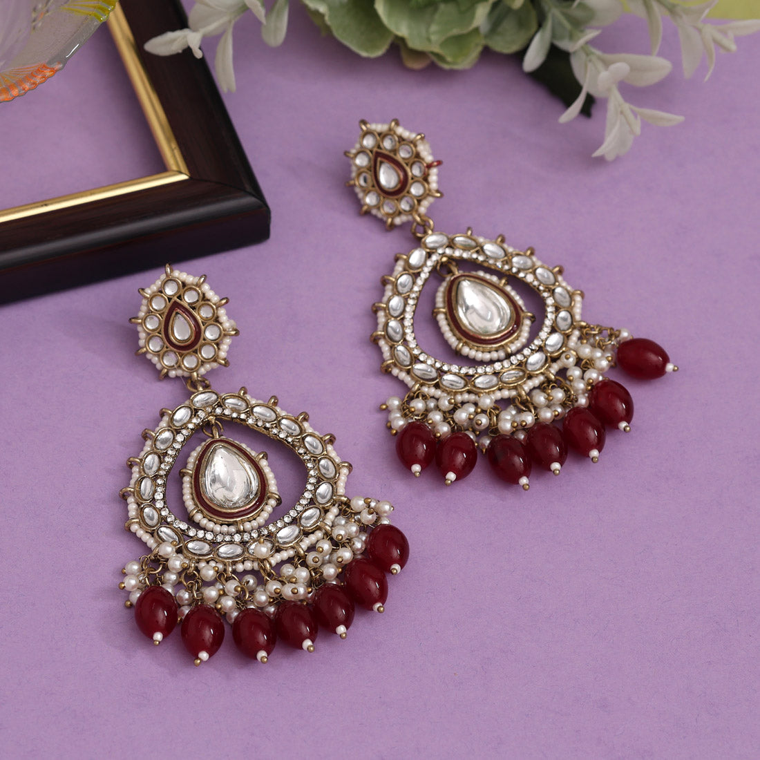 Maroon Color Kundan Earrings (KDE964MRN)
