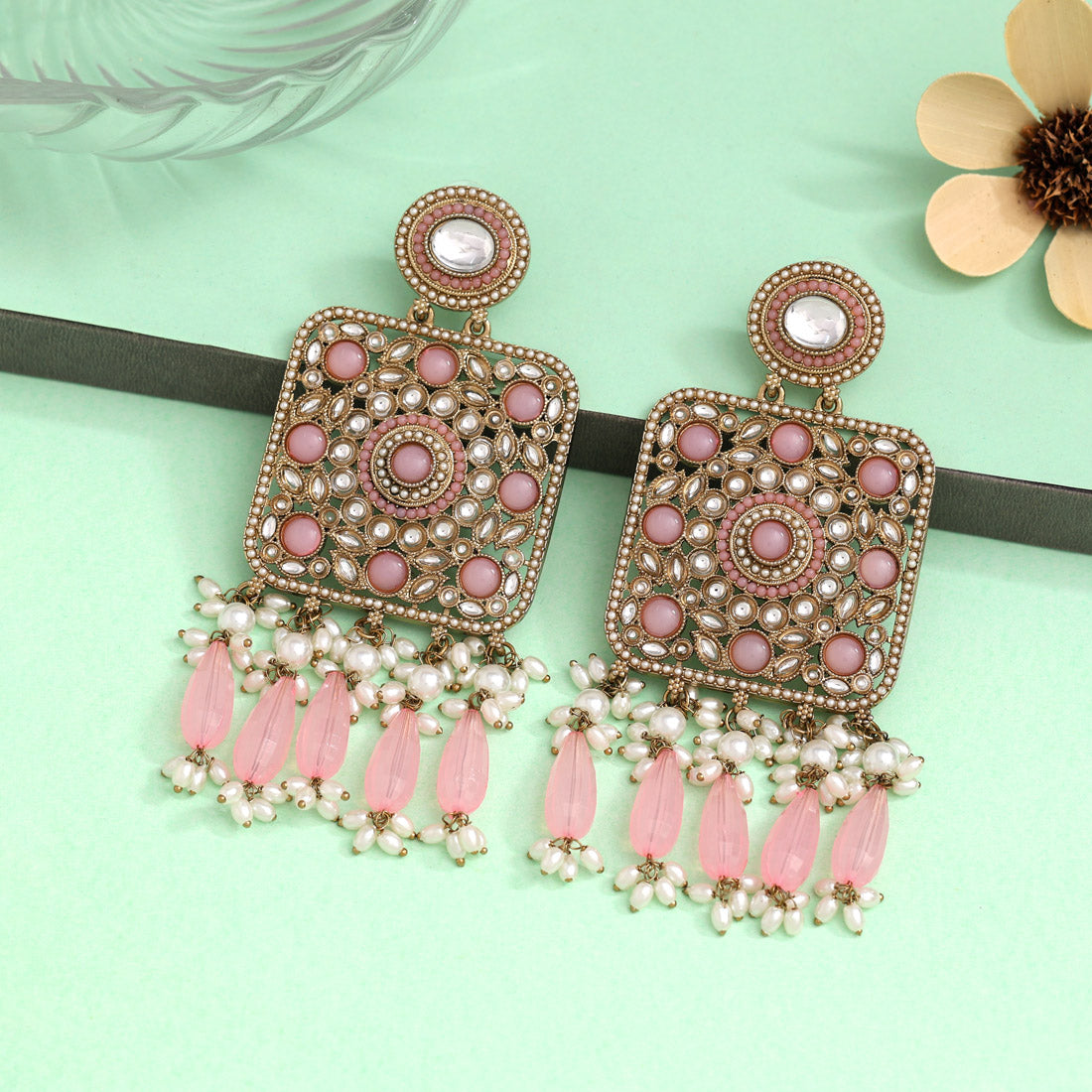 Pink Color Kundan Earrings (KDE966PNK)