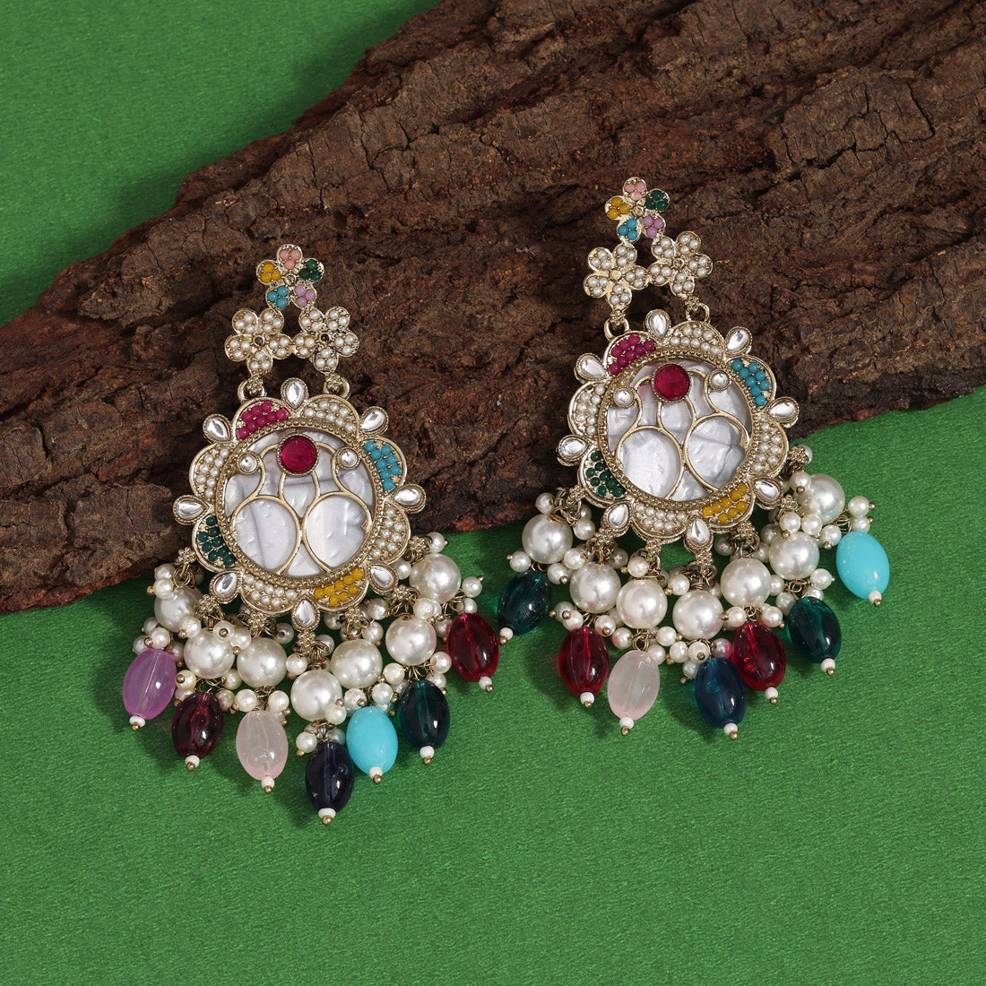 Multi Color Mother Of Pearl Kundan Earrings (KDE970MLT)
