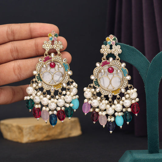 Multi Color Mother Of Pearl Kundan Earrings (KDE970MLT)