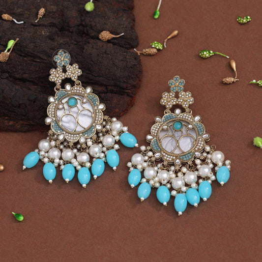 Sky Blue Color Mother Of Pearl Kundan Earrings (KDE970SBLU)