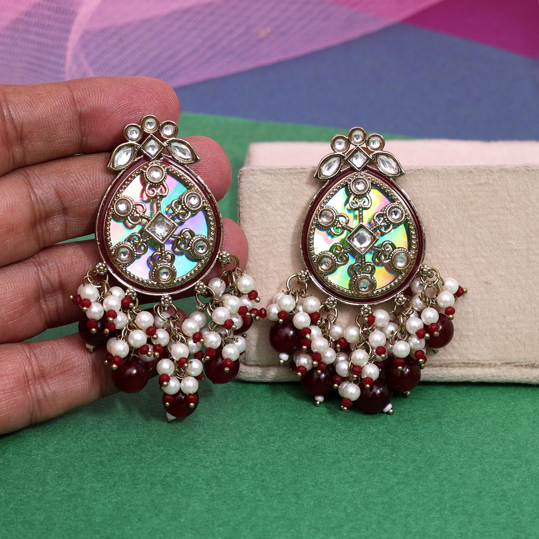 Maroon Color Kundan Earrings (KDE978MRN)