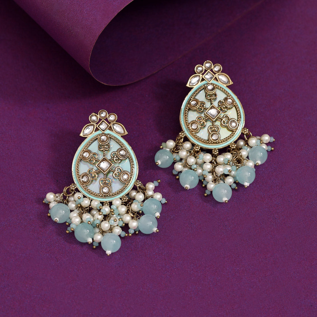 Sky Blue Color Kundan Earrings (KDE978SBLU)